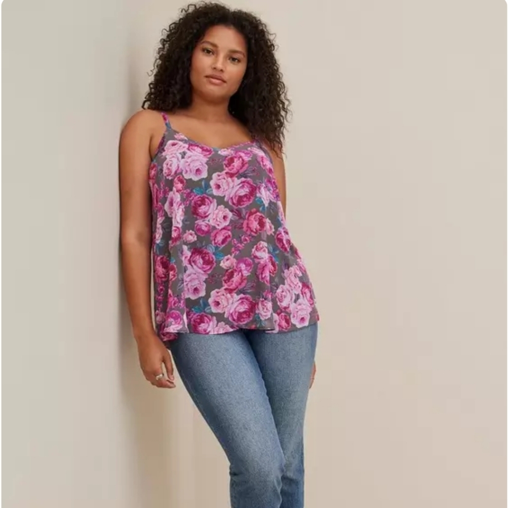 TORRID Sophie Chiffon Lined Grey Floral Swing Cami 2 - Picture 2 of 11